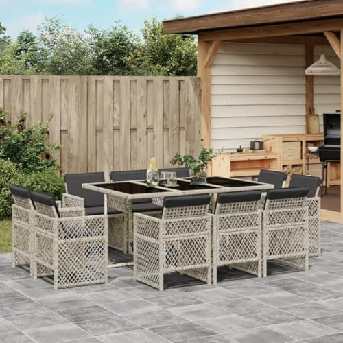 Homgoday 11-TLG. Garten-Essgruppe mit Kissen Gartenmöbel Set Balkonmöbel Sitzgruppe Gartenstuhl mit Tisch, Terrassenmöbel Gartengarnitur Sitzgarnitur Hellgrau Poly Rattan
