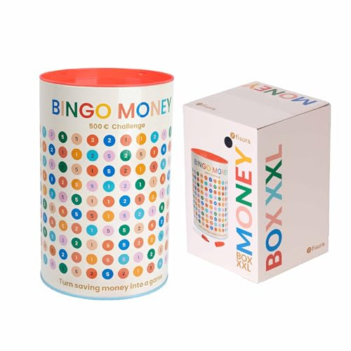 Fisura – Salvadanaio originale per bambini bingo money. Scatola di risparmio con pennarello. Salvadanaio in latta per regalo. 13 x 20 cm. Capacità: 500€