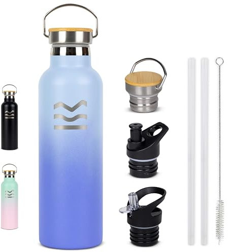 Botella Agua Acero Inoxidable Azul - HUIIKE | Botella Termica 750ml con 3 tapones, Termo Agua Fria 24 horas y Caliente 12 horas | Cantimplora Termica sin BPA Water Bottle Pajita, Reutilizable Gimnasio