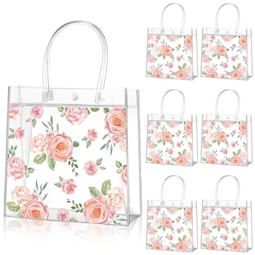 Aliceset 20 Pcs Mother's Day Clear Floral Gift Bags with Handles Flower Rose Party Goodie PVC Treat Bags for Tea Party Baby Shower Birthday Bridal Shower, 8 x 8 x 3.15 Inch