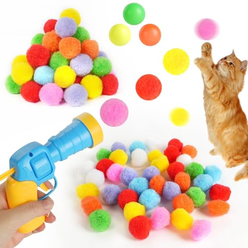 OSDUE Juego Pistola Lanzadora de Bolas Juguete para Gatos, 100 Pelotas Pompones Interactiva Interior Lanzador de Bolas de Felpa Peluche Silenciosas para Gatos Entrenamiento