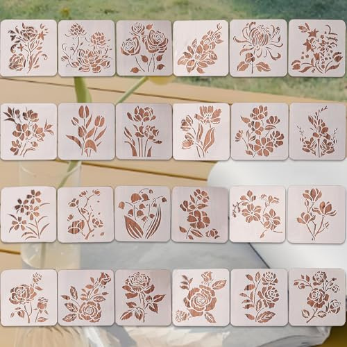 Guyode 24 Stück Schablonen Malen, Kleine Schablonen zum Basteln, Malschablonenset, Kunststoff Zeichenschablonen, Wandschablone, Wiederverwendbare Schablonen für DIY Scrapbooking Deko (Blumen)
