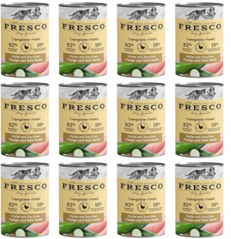 Fresco Complete-Menü Huhn mit Zucchini, Mango & Rote Beete | 12er Pack | 12 x 400 g | Nassbarf für Hunde | Wichtige Proteine & Eiweiß | Aus reinem Muskelfleisch