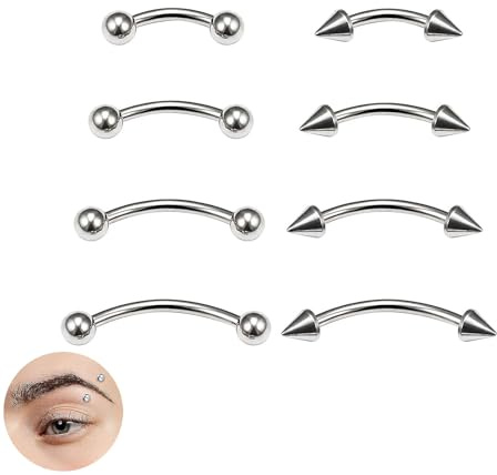 JFGDVW 8 Pcs Eyebrow Piercing Jewellery, Stainless Steel Eyebrow Bar, 6mm 8mm 10mm 12mm Length And 3mm Ball & Cone Ends Pair, For Women And Men (Silver)