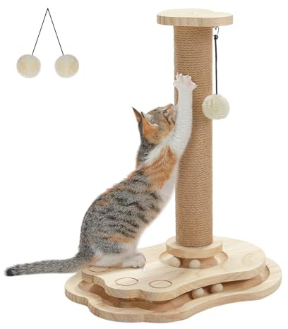 PETEPELA interaktives Katzenspielzeug mit Kratzstamm in Raketenform, Sisal Kratzsäule & Kugelbahn, Federball, aus Massivholz, multifunktional