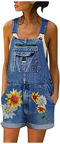 Denim Dungarees Women's Short Oversize Dungarees Jeans Loose 90s Jeans Summer Short Denim Dungarees Flower Jumpsuit Vintage Loose Fit Trousers Suit Bib Shorts Summer Shorts Denim Overalls