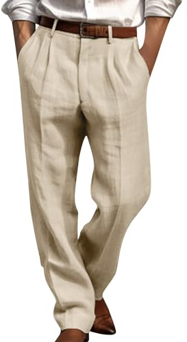 Generisch Leinenhose Herren Sommer Baggy Hosen Leinen Anzughose Leichte Sommerhose Strand Freizeithose Bequeme Strandhose Straight Leg Hose Dünne Stoffhose Business Khaki XL