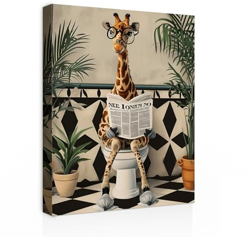 Galmcook Badezimmer Wandbild Leinwandbild mit Rahmen Lustige Giraffe auf Toilette – Humorvolles Kunstdruck Dekobild für Bad, Gäste WC oder Toilette Wanddeko mit Haken und spurlosen Nägeln 30x40 cm