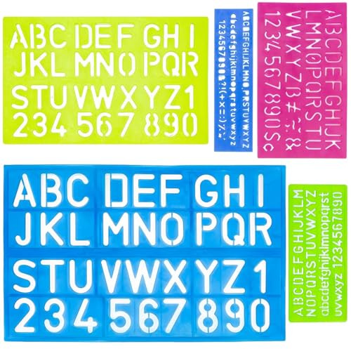 Plantillas de letras, 5 Piezas Plantillas letras, Plantillas de plástico para letras, Alfabetos Reutilizable Set de Guías para Pintar, Scrapbooking, DIY Manualidades, Multicolor