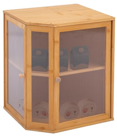 MooBeey Panera de madera de 2 pisos con doble puerta semitransparente, panera de esquina con ranuras de ventilación, 30 x 30 x 38 cm
