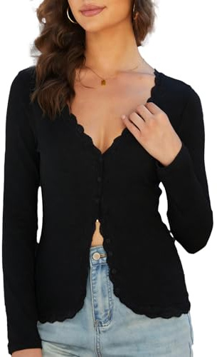 Dressmine Women's Black Cozy Cardigans Lace Soft Ribbed Shirt V Neck Spring Clothing Open Front Business Office Wear