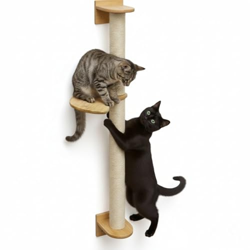 eyepower 102cm Tiragraffi da Parete Luna con 1 Piattaforma in Bambù - Albero per Gatti Salvaspazio con Ripiano - Colonna in Sisal Naturale - Gioco da Arrampicata - Percorso da Muro - Set Mensola Gatto