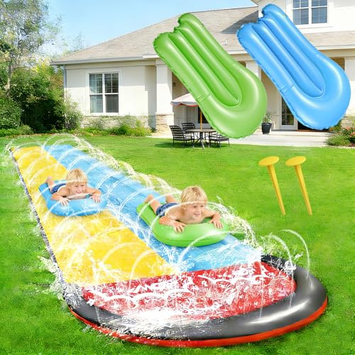 Hyhuiyin Lawn Water Slide with 2 Bodyboards, 15.7ft/480cm Waves Water Slide and Slip Sprinkler Inflatable Water Slide Double Lane Slip&Slide Water Slides for Kids Adults Outdoor Water Play Activities