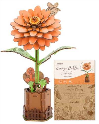 Blumuze Puzzles 3D en Bois, Bouquet De Fleurs en Bois pour Adultes, 3D Puzzle Fleurs Cadeaux pour Femmes Maman Ami sur Son Anniversaire, Noël, Saint-Valentin, Fête De La Mère (Dahlia Orange)