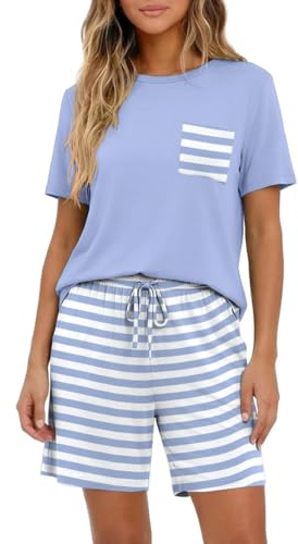 PrinStory Ensemble pyjama court pour femme à manches courtes - Ensemble pyjama d'été à col rond - Vêtement de nuit doux - Vêtements de détente, Motif rayures Bleu clair, M