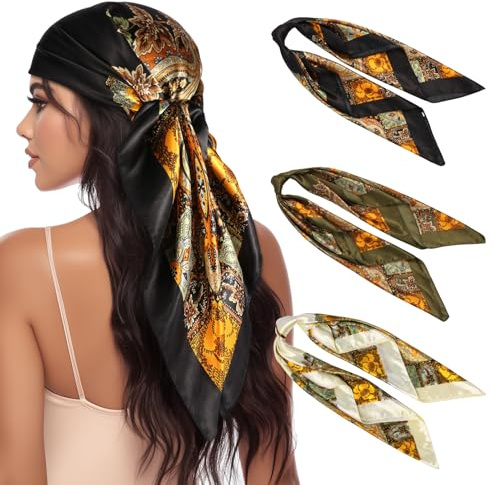 VBAEI 3 Pcs Satin Head Scarves for Women - 35 Satin Hair Scarves Large Square Silk Like Scarves & Bandanas (Black,Beige,Deep Green)