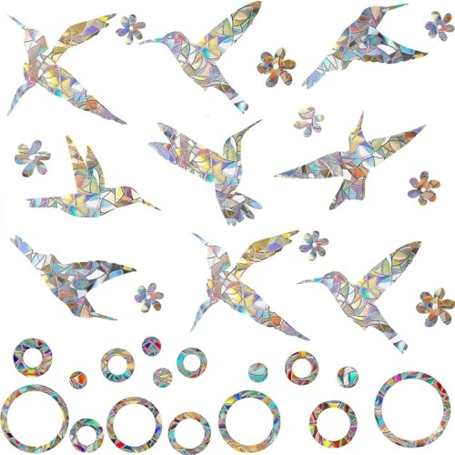 64 Stück Fensteraufkleber Vogelschutz, Anti Kollision Fenstersticker, Prisma Regenbogen Folie, Sonnenfänger Sticker, Kolibri Design, Vogelschutz Fenster für Wohnzimmer Balkon Terrasse