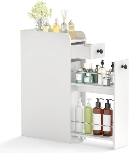 COSTWAY Armario de Baño Estrecho de 4 Niveles, Mueble Auxiliar de Baño Estrecho con Cajones, Encimera con Bordes Elevados, Ruedas y Pomos, Gabinete de Almacenamiento para Baño Cocina Salón (Blanco)