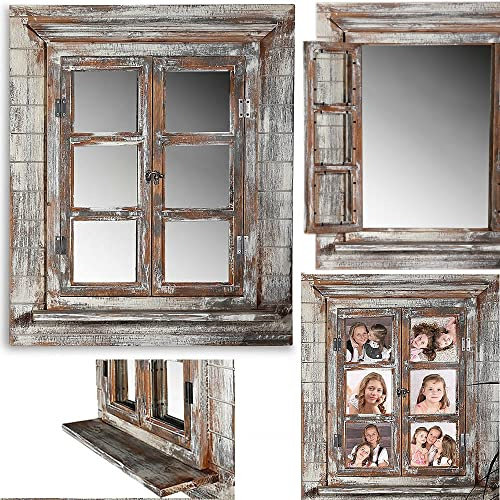 Mucola Wandspiegel mit Fensterläden und Ablage 64x53,5 cm Holz Braun | Spiegel im Landhausstil aus Paulownienholz, Klammern für Fotos an den Türen, Platz für Schlüssel und Deko, aufklappbar