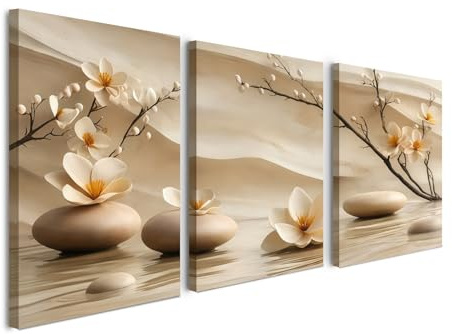 Blumen Wandbild Wohnzimmer Magnolie Steine 30x40 cm, 3er Set gerahmter Leinwanddruck mit Kiefernholzrahmen, minimalistisches Natur Wandbild mit Klettband, HD-Druck farbecht und feuchtigkeitsbeständig