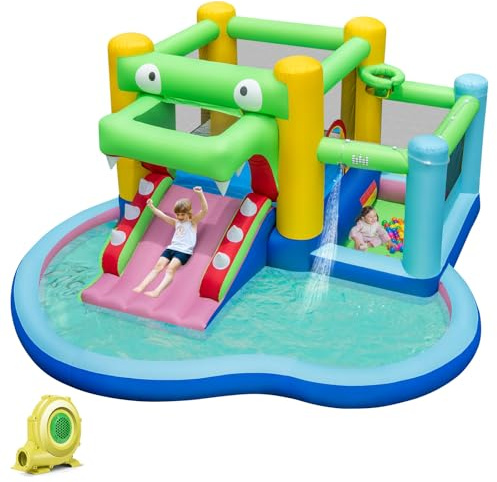 Maxmass Inflatable Bounce House, Kids Bouncy Castle with 680W Blower, Trampoline, Slide, Large Ball Pit, Basketball Hoop, Outdoor Indoor Playhouse Jumping House Blow up Castle (Crocodile Themed)