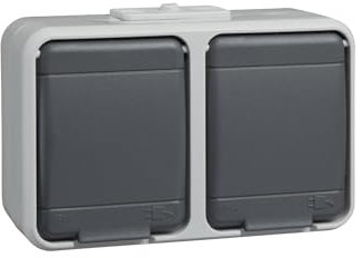 Schneider Electric Elso Schuko-Steckdose mit Klappdeckel, 2-fach, AquaTop, Steckklemme, waagerecht, Aufputz, IP44, 16A, licht/basaltgrau, Artikelnummer 445409