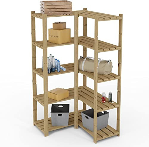 MODO24 Holzregal, 5 Regalböden, Eckregal, Standregal, Kellerregal, Lagerregal, Bücherregal, Wandregal, Büroregal, für Wohnzimmer, Küche, Keller, Garage, Abmessungen 170x85x38 cm, Farbe: Naturholz