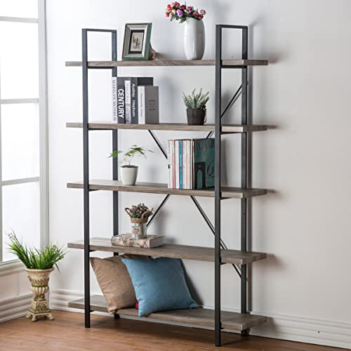 HSH 5-Shelf Vintage Industrial Rustic Bookshelf, Wood and Metal Bookcase, Open Etagere Book Shelf, Gray Oak