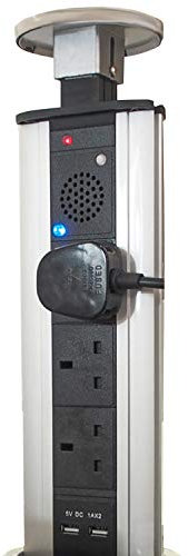 Loops Pop-Up 3 Gang Mains Power Extension Tower | SILVER | 3W BLUETOOTH AUDIO SPEAKER & 3 Plug Sockets & 2x USB Charging Ports | Hidden Pull-Up Retractable Socket | Kitchen Worktop & Office Desk