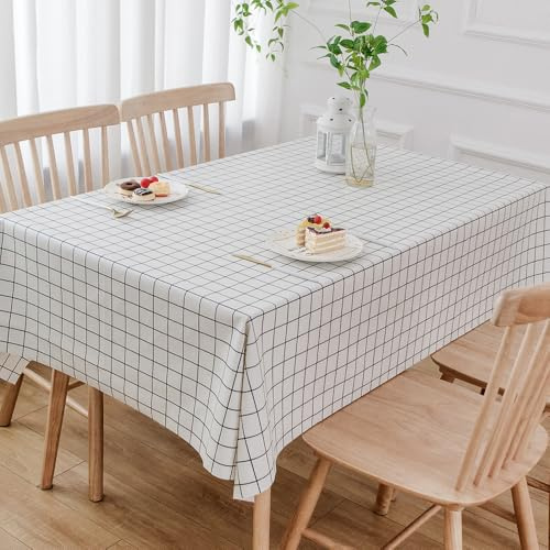 TruDelve Heavy Duty Vinyl Table Cloth Plastic Tablecloths for Kitchen Dining Tables Wipeable PVC Waterproof Tablecloth for Rectangle Table (54'' x 84', White Plaid)