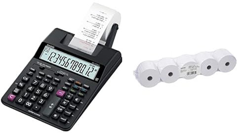 CASIO Druckender Tischrechner HR-150RCE, 12-stellig, 2-Farbdruck, Nachträglicher Druck & Genie Additionsrollen (Ersatz-Papierrollen, 40 lfm, 100% Holzfrei, 57 x 12 mm) 5er Pack weiß