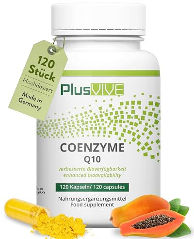PlusVive Coenzym Q10 Kapseln hochdosiert I 1x 120 Kapseln I 200mg Coenzym Q10 pro Kapsel I CoQ10 Kapseln mit Papain & Spirulina I Nahrungsergänzungsmittel vegan & laborgeprüft