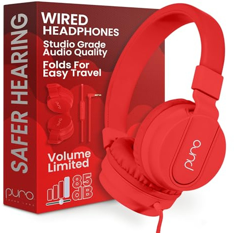 Puro Sound Labs PuroBasic Volume Limiting Wired Headphones for Kids, Foldable & Adjustable Headband w/Microphone, Compatible with Smartphones, Tablets and PC’s (Red)