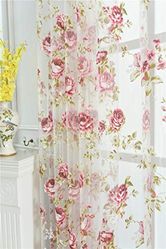 Kolachic Rod Pocket Top Rose Floral Sheer Voile Curtain, Pink Flower Tulle Transparent Window Treatment for Living Room Bedroom Glass Door, 54 by 84 Inch Each,1 Set of 2 Panels …