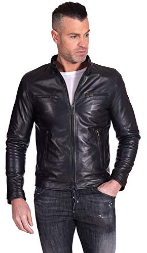 D'Arienzo Giacca Pelle Nera Uomo Giubbotto Biker Vera Pelle Made in Italy Hamilton 44/Nero