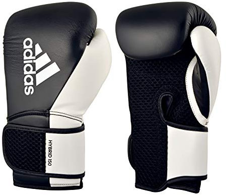 adidas Guantes de boxeo, híbridos 150, boxeo, kickboxing, MMA, entrenamiento y uso en el hogar, para hombres y mujeres, peso y color (12 onzas, negro/blanco)