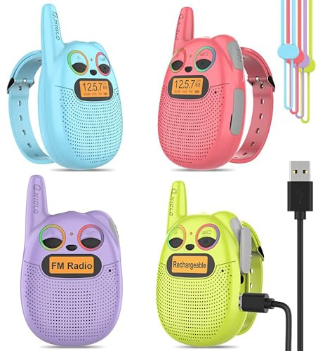 QNIGLO Q136 Talkie Walkie Enfants Rechargeable 4Pc, avec Radio FM, 2-5Km Portée Clignotant LED Yeux,Talkie-Walkie Montre Portable,Camping et Course,Jouet Cadeau pour Enfants(4Couleur)