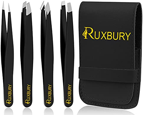 Ruxbury Lot de 4 pinces à épiler professionnelles en acier inoxydable avec revêtement de couleur noire pour poils incarnés avec pochette en cuir