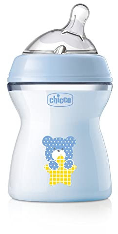 Chicco Natural Feeling Anti-Colic Bottle 2 Months + 250 ml, Soft and Flexible Silicone Teat Feeding Bottle Suitable for Mixed Breastfeeding Medium Flow Blue