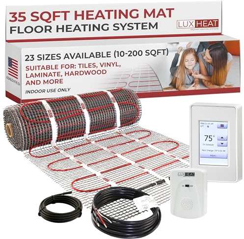 LuxHeat 35sqft Floor Heating Mat Kit - 120v Heated Tile Floor Kit - Complete Electric Radiant Heated Flooring System Includes Alarm, UDG4 Touchscreen Programmable Thermostat w/GFCI & Flooring Sensor