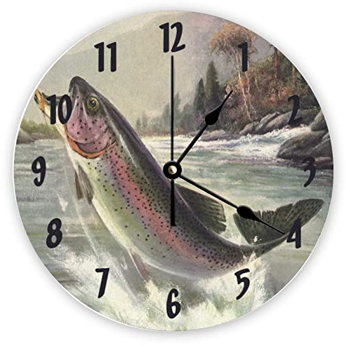 Dekorative leise kein Ticken Wanduhr Vintage Regenbogen Forellen Fisch Angler Angeln runde moderne Holzuhren für Schlafzimmer Wohnzimmer Zuhause Büro Schule Wandkunst Dekor, 30 x 30 cm
