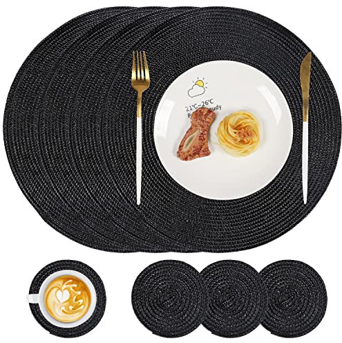 famibay Placemats and Coasters Set of 4 Round Woven Placemats Washable Heat Resistant Place Mats Round Table Mats and Coasters Black for Kitchen Dining Table