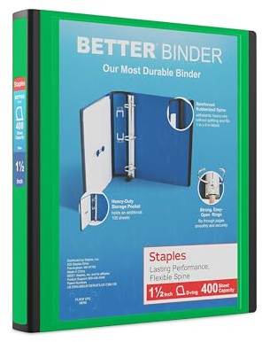 Staples Better Binder, 1.5 D‑Ring Heavy‑Duty Binder, Green, Reinforced Spine, 400‑Sheet Capacity, Durable 3‑Ring Binder for School, Office, Projects, 3‑Pack
