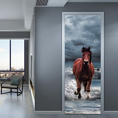Türtapete Selbstklebend Seebraunes Pferd Türposter Türaufkleber Wasserdicht Abnehmbare Vinyl türfolie Fototapete diy Wandbild Wohnzimmer Schlafzimmer Kinderzimmer Badezimmer B85 x H205cm
