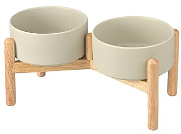 SPUNKYJUNKY Hundenapf Keramik Fressnapf Erhöhter Futternapf Wassernapf mit Bambus Ständer für mittelgroße und große Hunde (850ml, Grau)