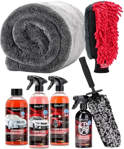 Ivality 7-in-1 Keramik Auto Sparbundle mit Ultra Dünner Felgenbürste, Effektivem Felgenreiniger, 3-in-1 Waschhandschuh und 1800GSM 50x80 Auto Trockentuch Für Lack, Felgen, Glas und Außenpflege