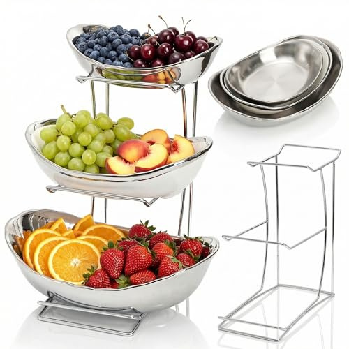 Goaste Cuenco de frutas de 3 niveles, cesta de frutas de cerámica, juego de cuencos ovalados con estante de metal, cuencos de cocina de porcelana para almacenamiento de frutas y verduras, aperitivos,