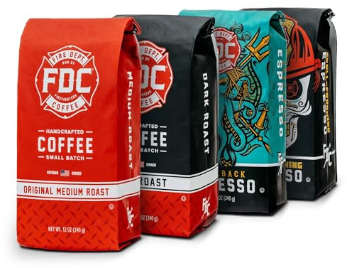 Fire Department Coffee - Gives Back to Firefighters - Rescue Variety Pack - Ground Coffee - Medium, Dark, Shellback Espresso, & Skull Crushing Espresso - Veteran Owned (12 oz, Pack of 4)