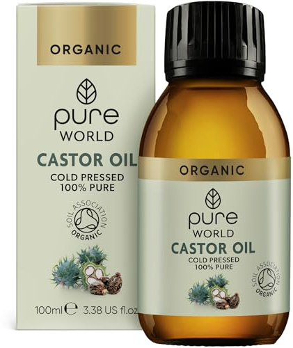 Pure World Natural Organic Castor Oil 100ml Premium Quality Cold & Fresh Press Glass Bottle Hexane Free, Hair, Skin - Ideal for Moisturizing, Conditioning, and Eyelashes & Eyebrows, Food Grade