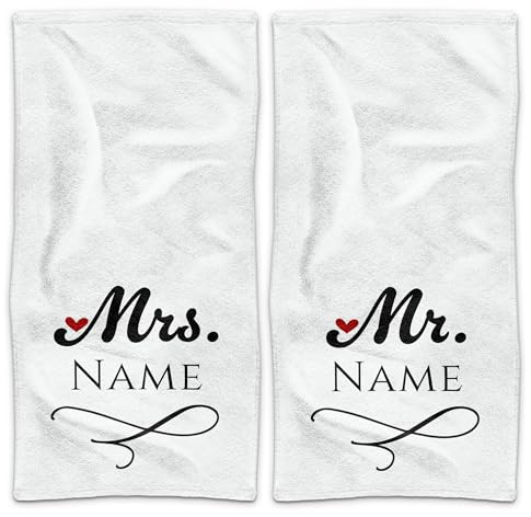 Print Royal PR Handtuch Personalisieren - 2er-Set - Mr. and Mrs. in weiß - mit Name selbst gestalten - Handtuch Bedrucken, Hochzeitsgeschenke, Geschenk zur Hochzeit | Fotogeschenk - 140 x 70 cm